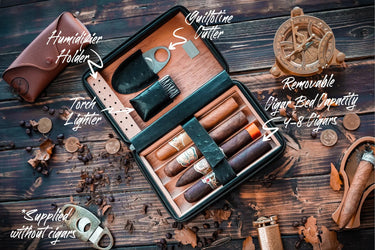 Open black cigar travel case with cigars, a removable tray, a guillotine cutter and a torch lighter