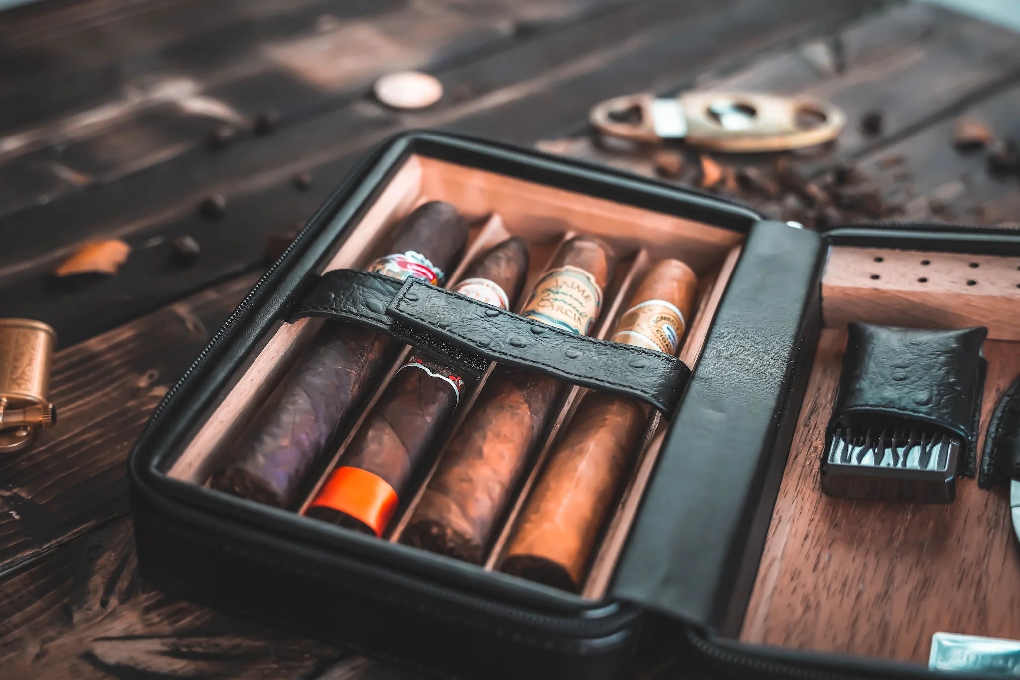 Cigar Travel Humidor Case Set | Engraved Gift with Cutter & Lighter engraved lighter gift - personalized lighter for him