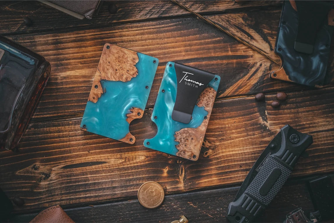Personalized Aqua Blue Wood Wallet