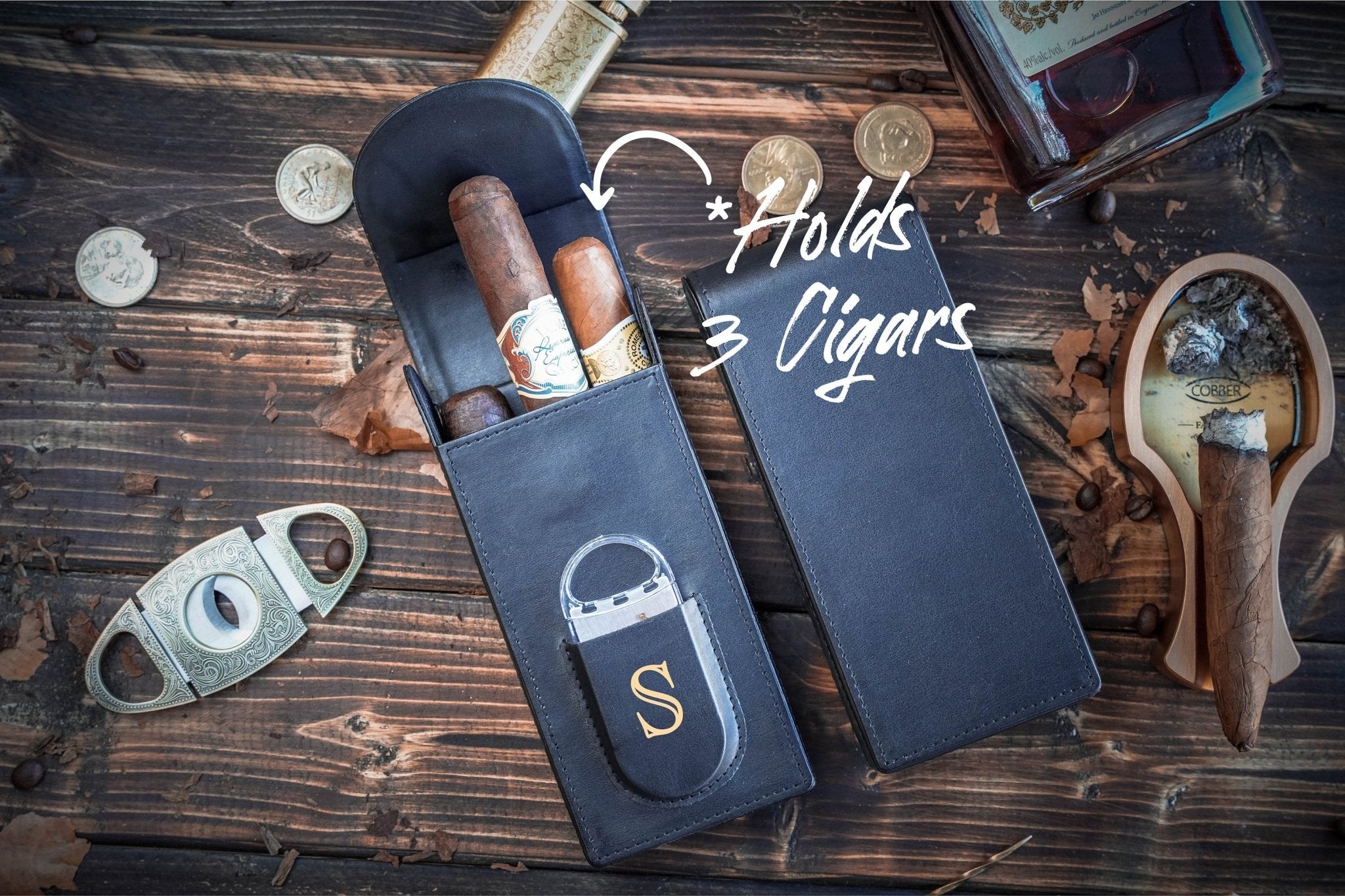 compact cigar case with cutter travel holder