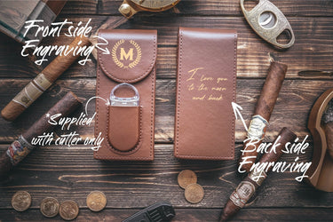 Brown 3-cigar case with a monogram on the front and a script message on the back