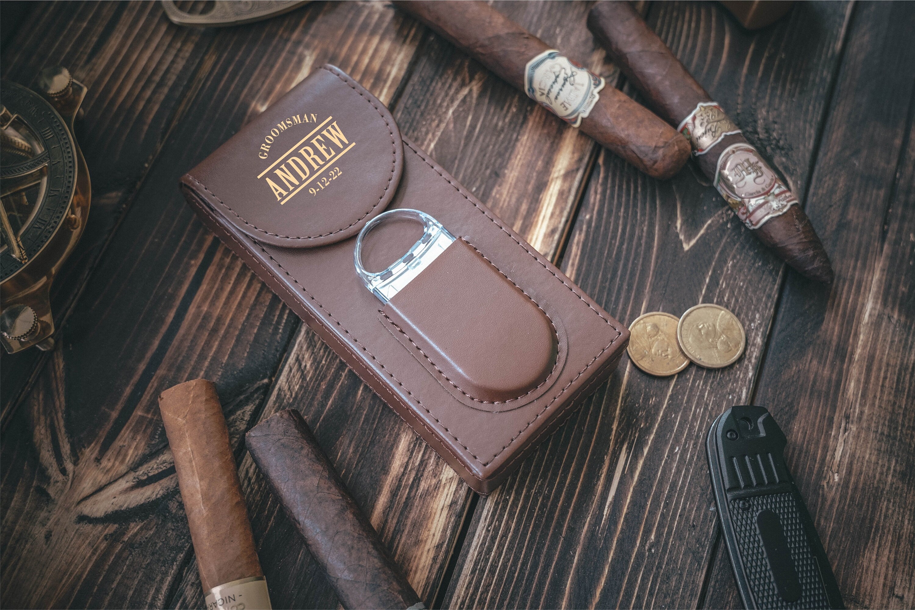 Large Travel Cigar Case genuine Leather & Wood Personalized by Your Name  and Logo 
