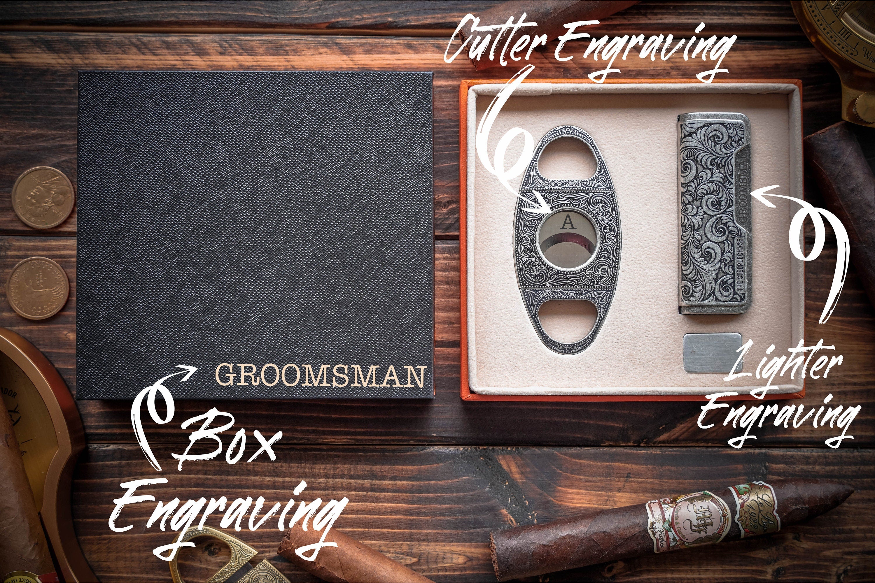 Cigars Accessories Set, Retirement Gift, Groomsman Gift, Gift For Him, Cigar Cutter, Torch Cigar Lighter, Engraved Gift, Christmas Gifts For
